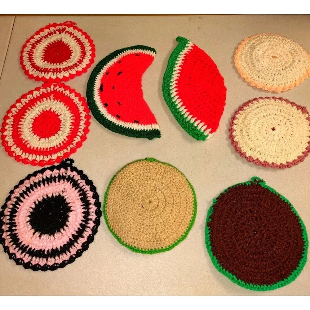 Vintage Crochet Potholder Lot (9) - Handmade Fruit, Mushroom & Floral Trivets